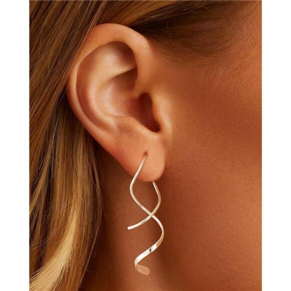 14K gold silver spiral dangle earrings women hypoallergenic lightweight jewelry - Picture 4 of 7
